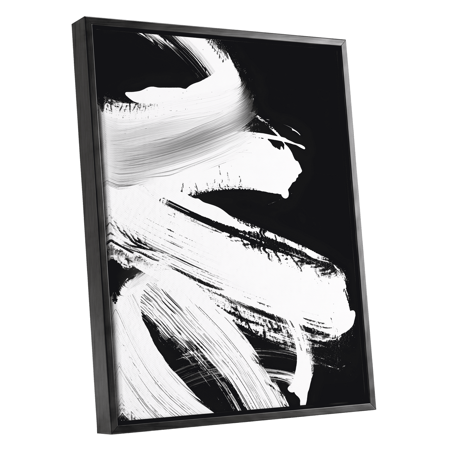 Monochrome Current, black, white, gray abstract wall art shown as a black framed canvas wall art