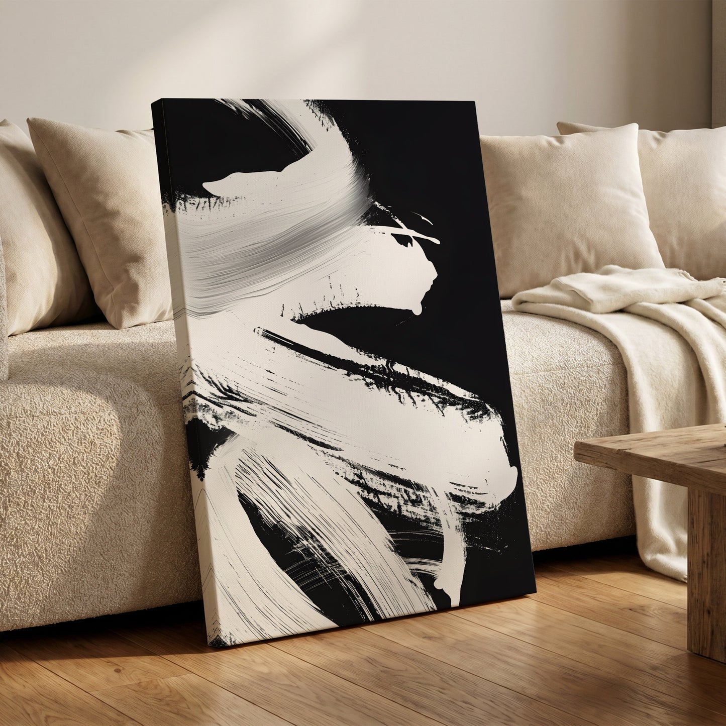 Monochrome Current, black, white, gray abstract wall art on canvas displayed in a styled interior, gallery view 1