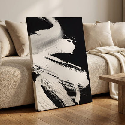 Monochrome Current, black, white, gray abstract wall art on canvas displayed in a styled interior, gallery view 1