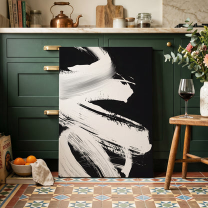Monochrome Current, black, white, gray abstract wall art on canvas displayed in a styled interior, gallery view 2