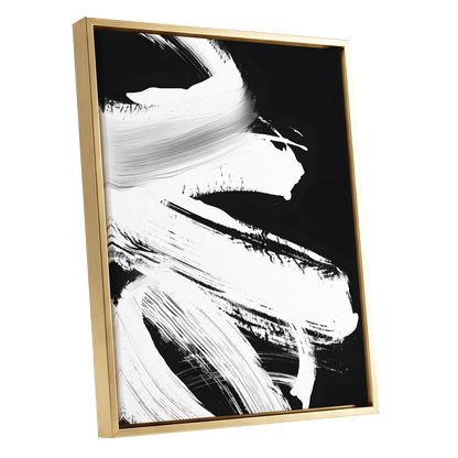 Monochrome Current, black, white, gray abstract wall art shown as a gold framed canvas wall art