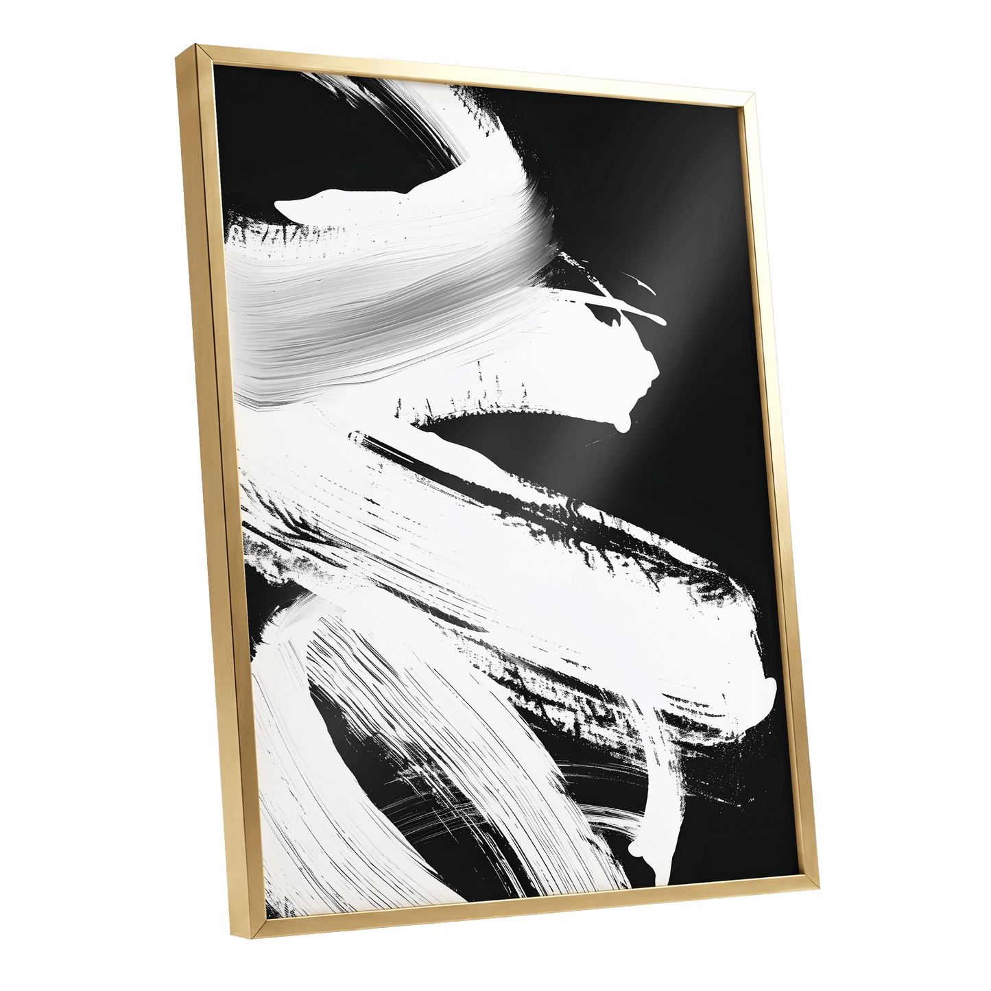 Monochrome Current, black, white, gray abstract wall art shown as a gold framed poster wall art print