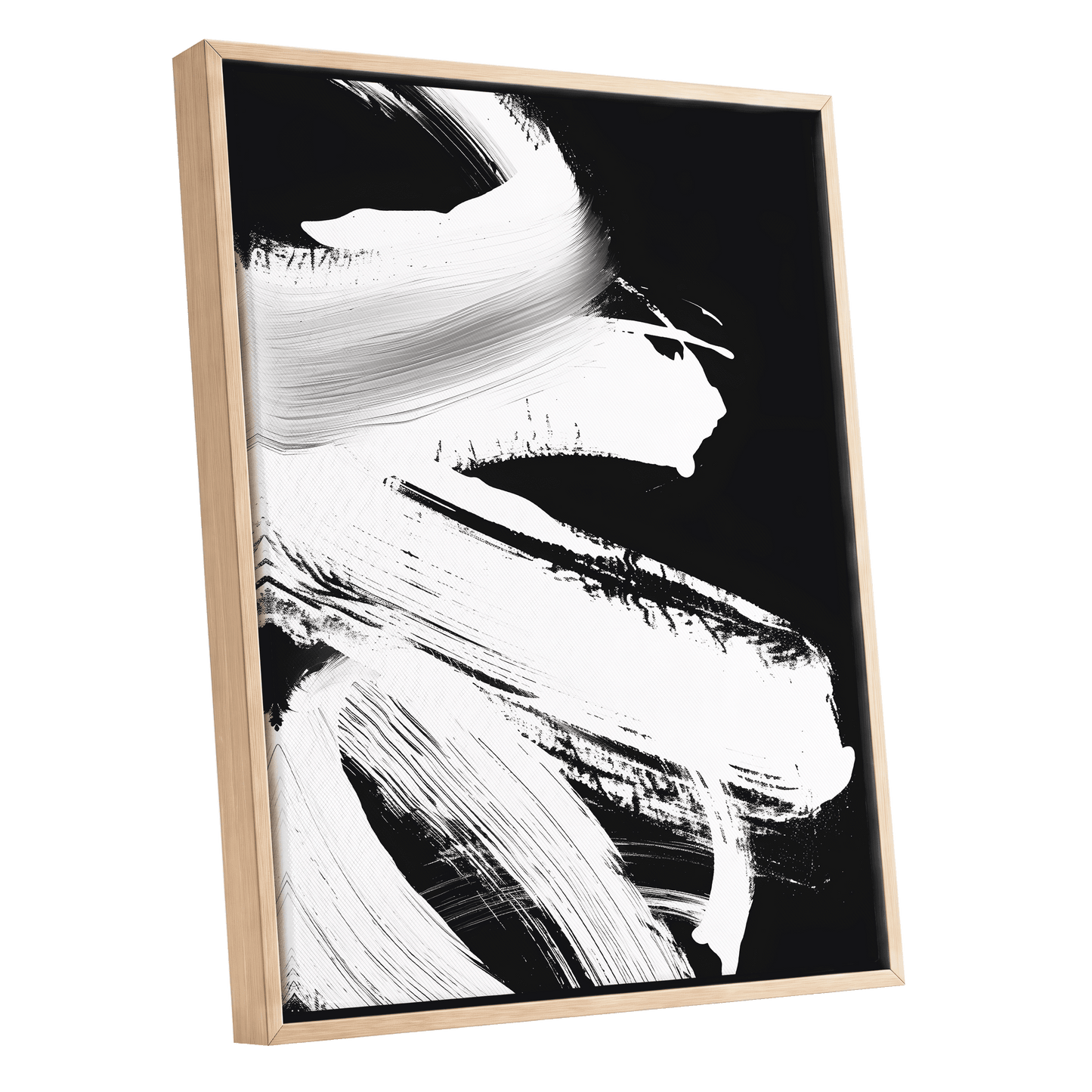 Monochrome Current, black, white, gray abstract wall art shown as a oak framed canvas wall art
