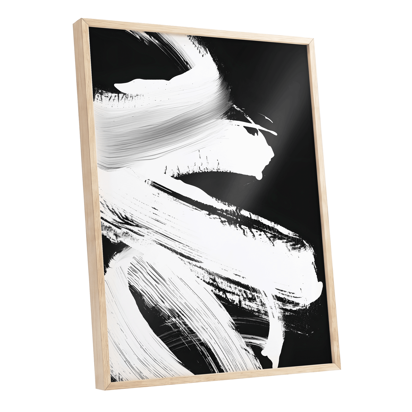 Monochrome Current, black, white, gray abstract wall art shown as a oak framed poster wall art print