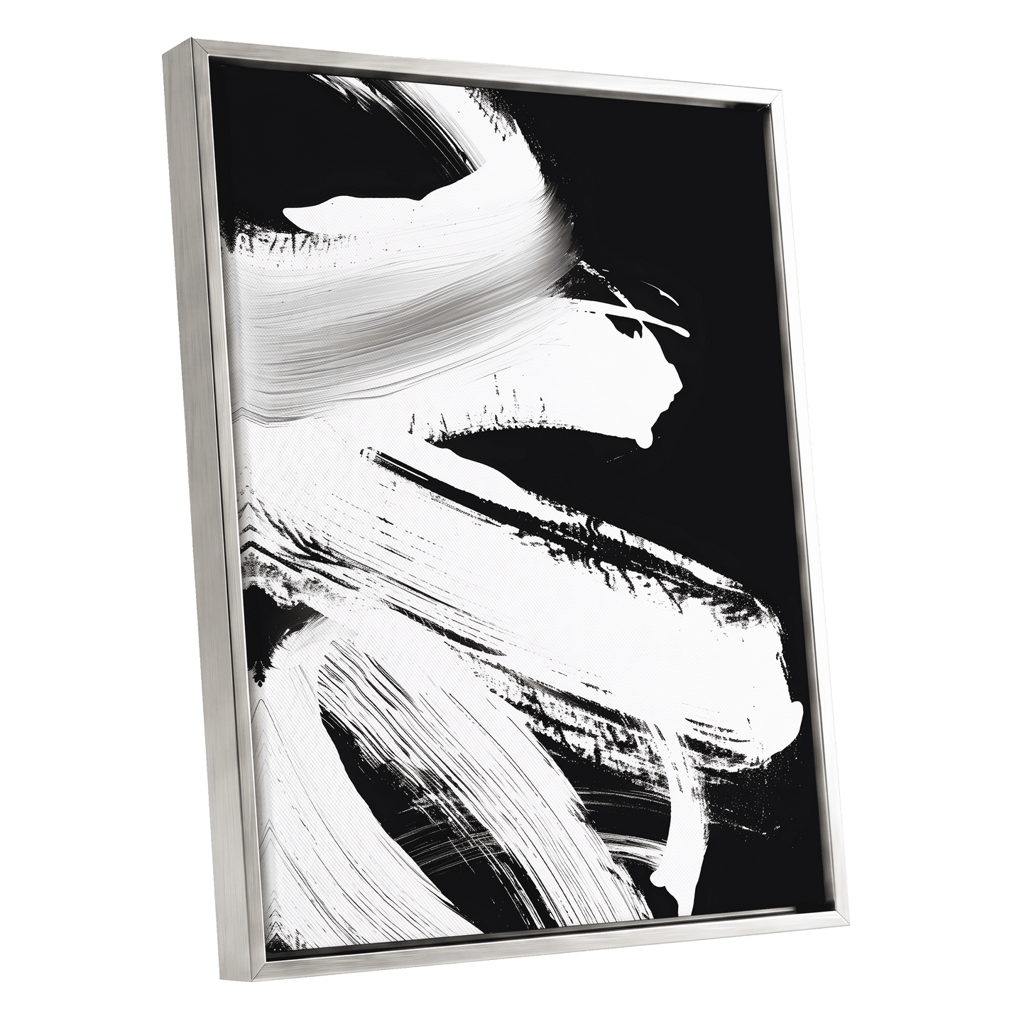 Monochrome Current, black, white, gray abstract wall art shown as a silver framed canvas wall art