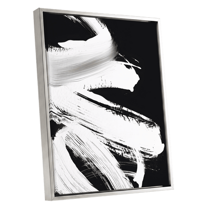 Monochrome Current, black, white, gray abstract wall art shown as a silver framed canvas wall art