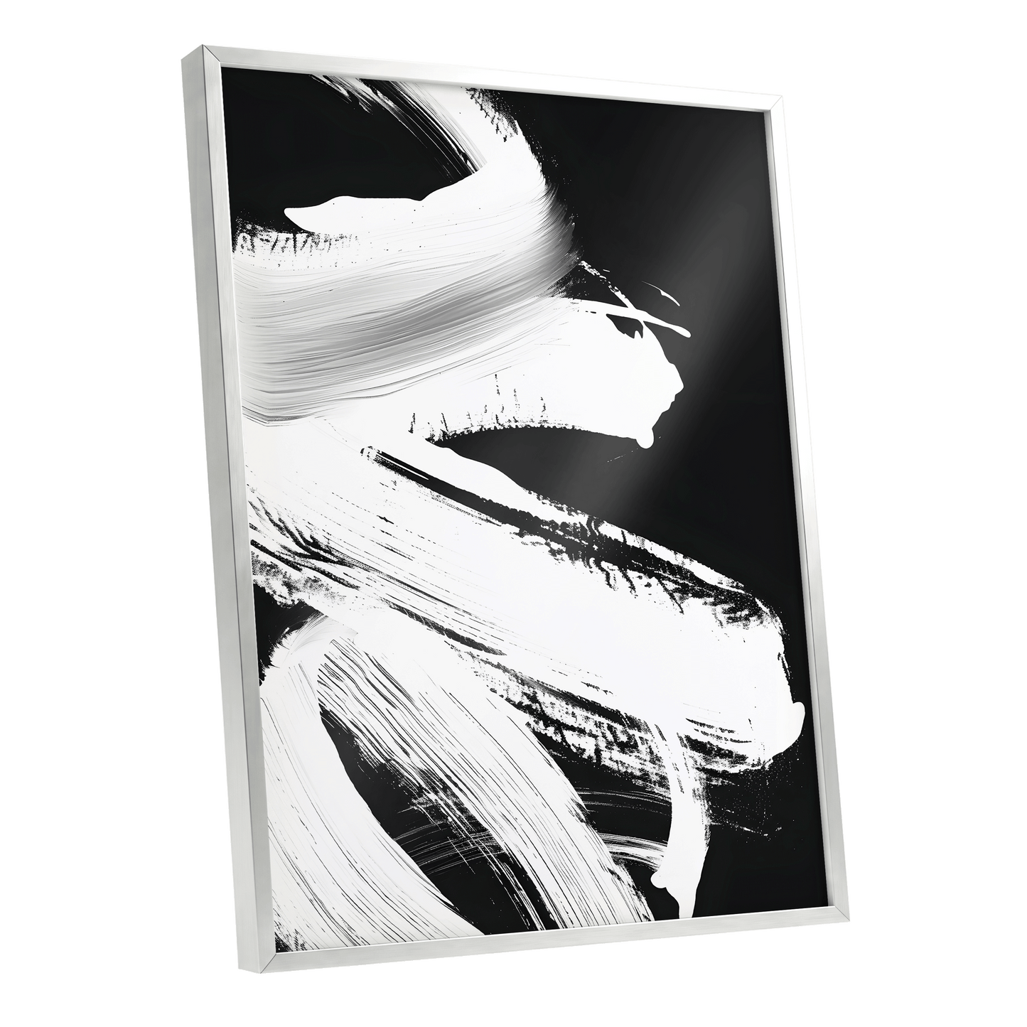 Monochrome Current, black, white, gray abstract wall art shown as a silver framed poster wall art print