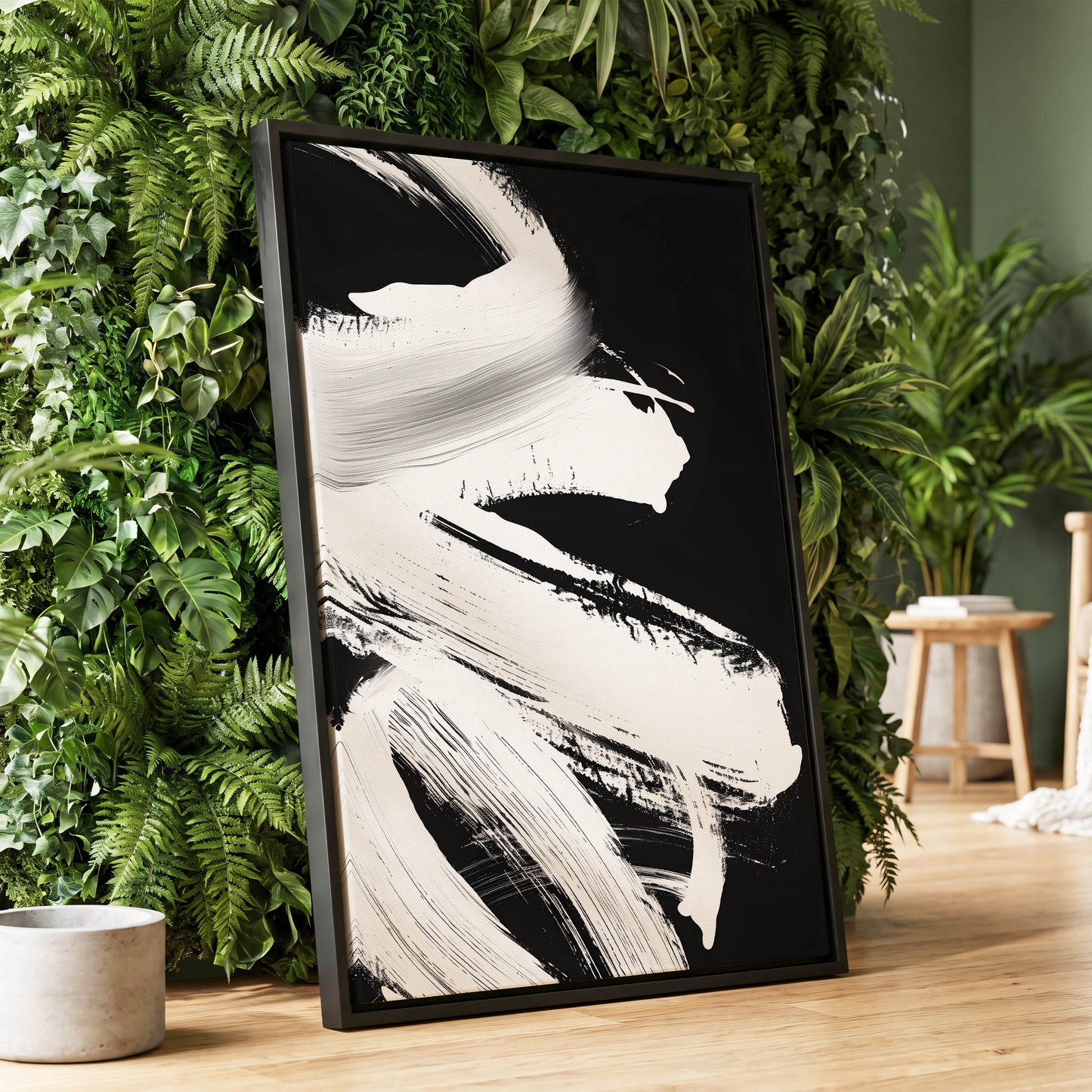 Monochrome Current, black, white, gray abstract wall art displayed in a styled interior, gallery view 1