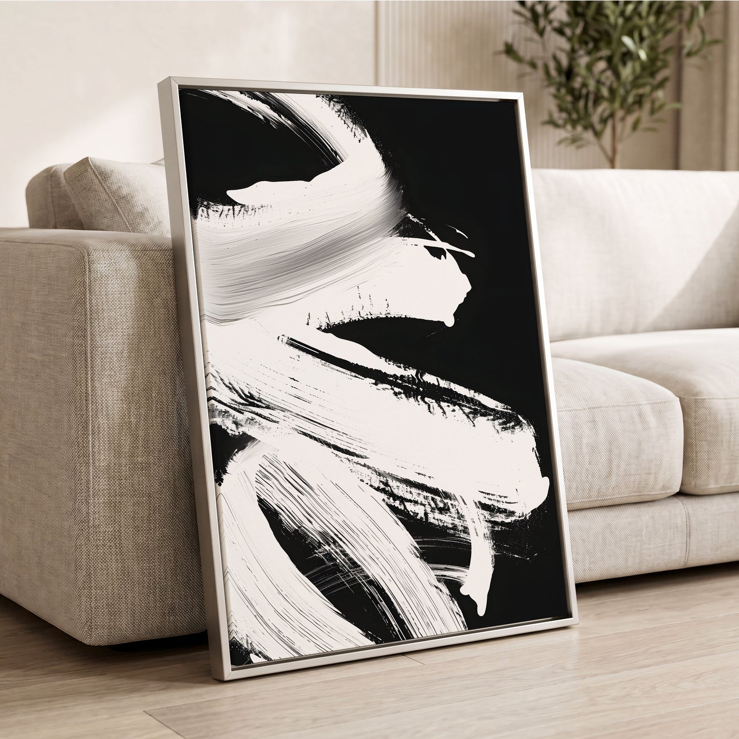 Monochrome Current, black, white, gray abstract wall art displayed in a styled interior, gallery view 2