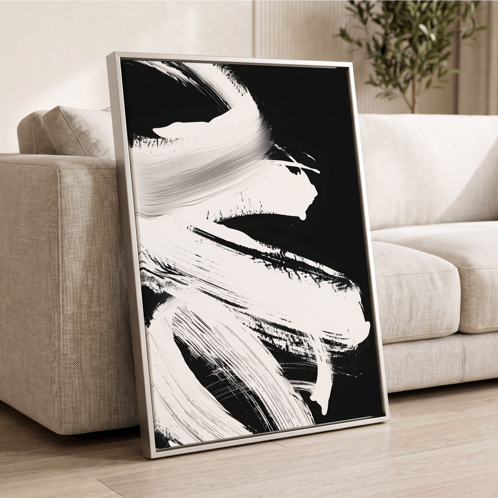 Monochrome Current, black, white, gray abstract wall art displayed in a styled interior, gallery view 2