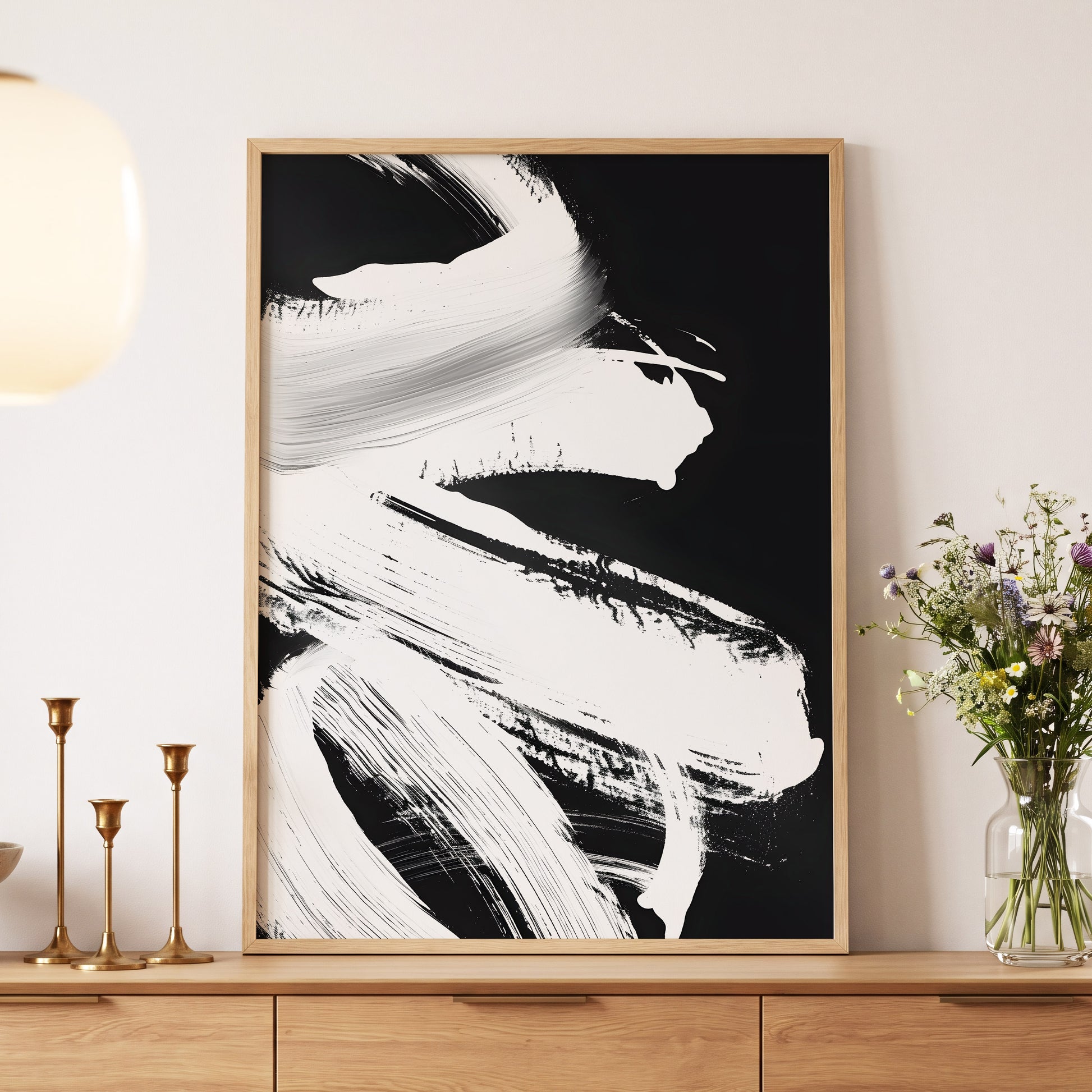Monochrome Current, black, white, gray abstract wall art displayed in a styled interior, gallery view 5