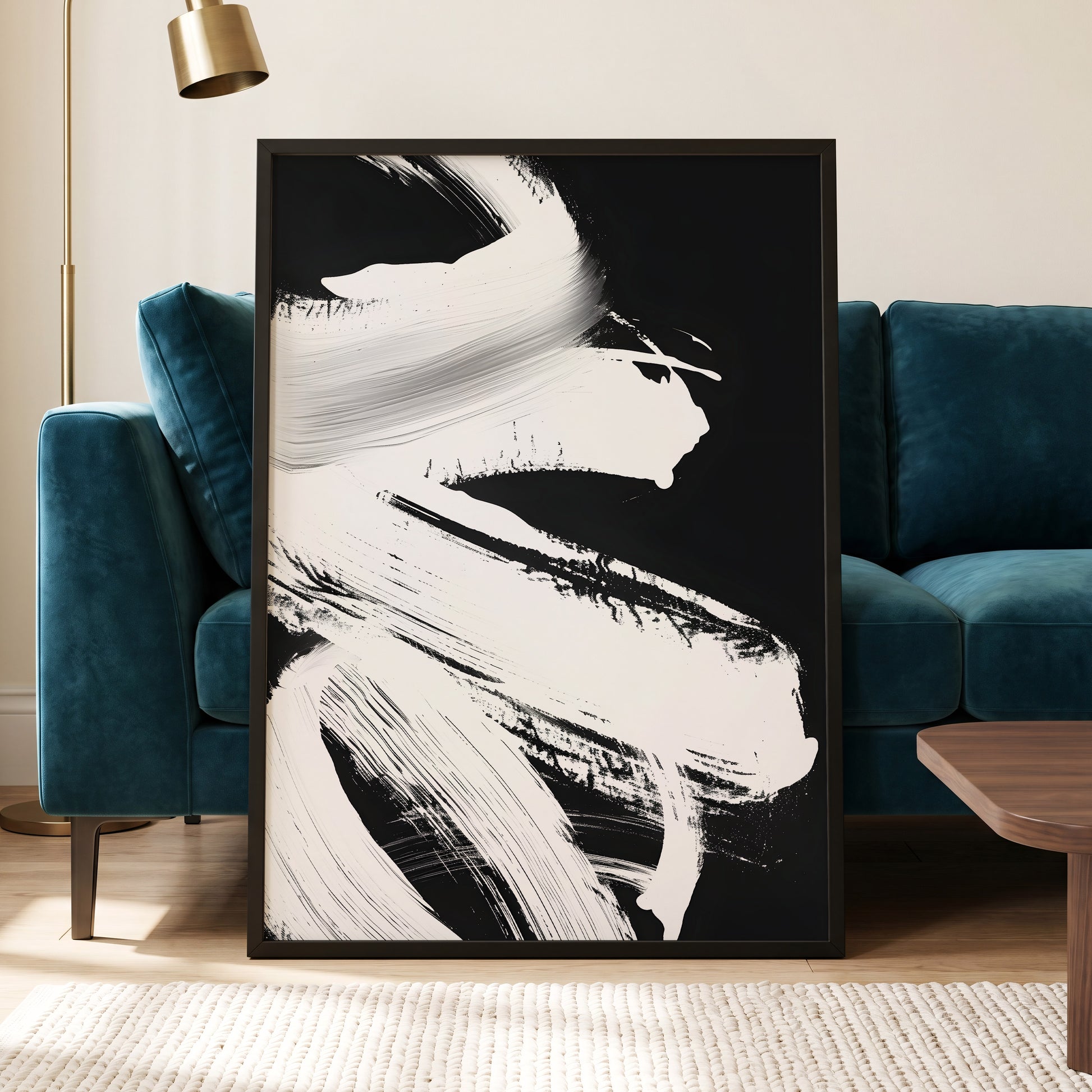 Monochrome Current, black, white, gray abstract wall art displayed in a styled interior, gallery view 6