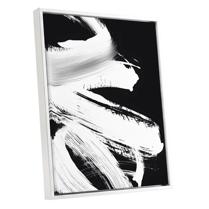 Monochrome Current, black, white, gray abstract wall art shown as a white framed canvas wall art
