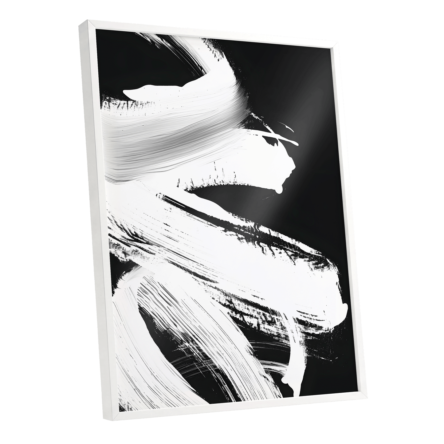 Monochrome Current, black, white, gray abstract wall art shown as a white framed poster wall art print