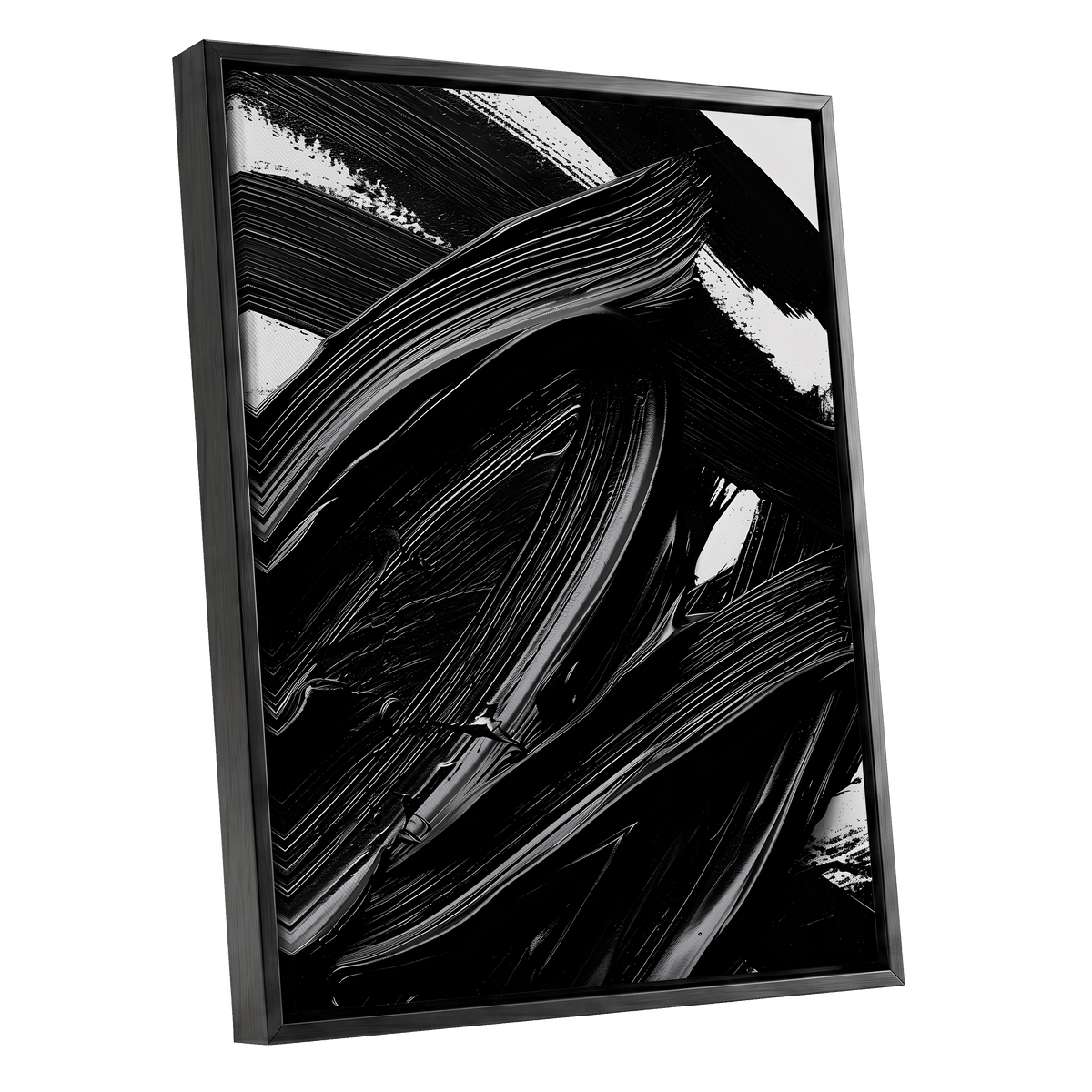 Monochrome Flux, black, white, gray abstract wall art shown as a black framed canvas wall art
