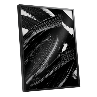 Monochrome Flux, black, white, gray abstract wall art shown as a black framed poster wall art print