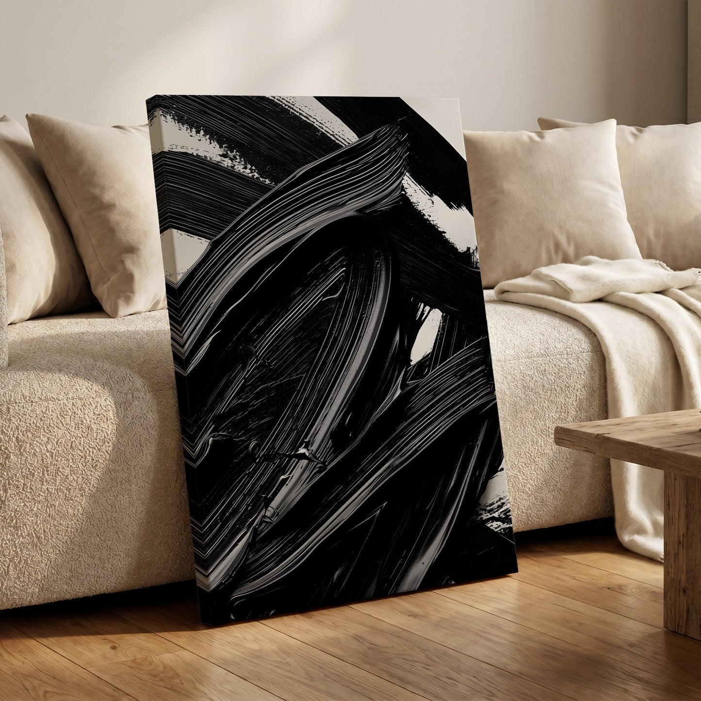 Monochrome Flux, black, white, gray abstract wall art on canvas displayed in a styled interior, gallery view 1