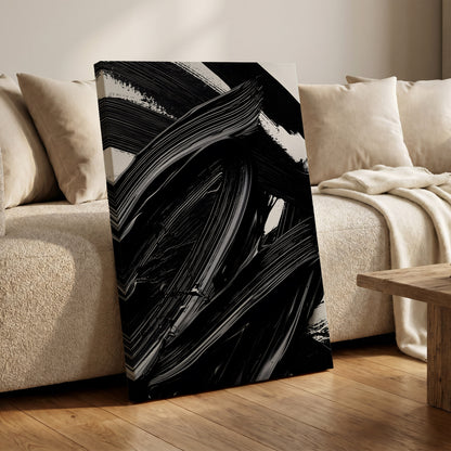 Monochrome Flux, black, white, gray abstract wall art on canvas displayed in a styled interior, gallery view 1