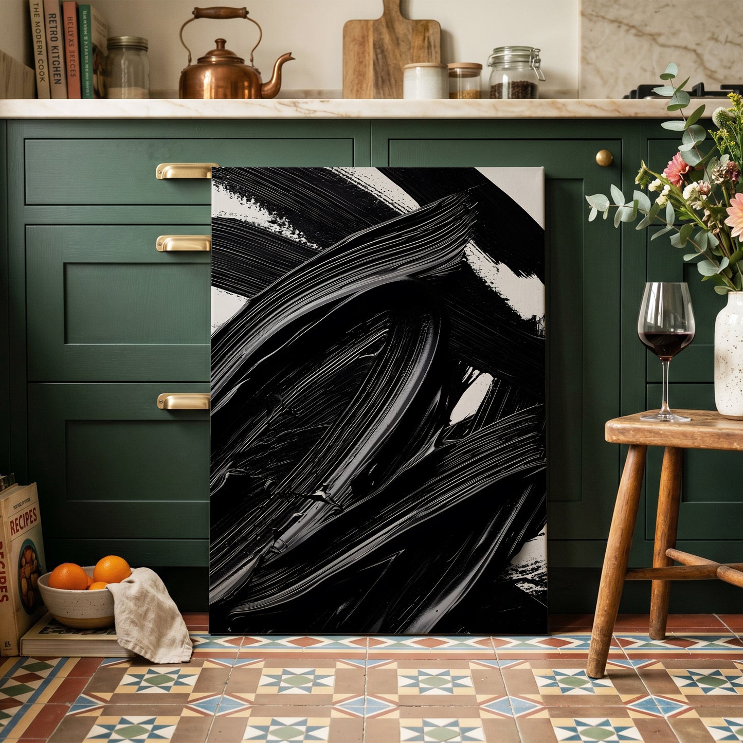 Monochrome Flux, black, white, gray abstract wall art on canvas displayed in a styled interior, gallery view 2