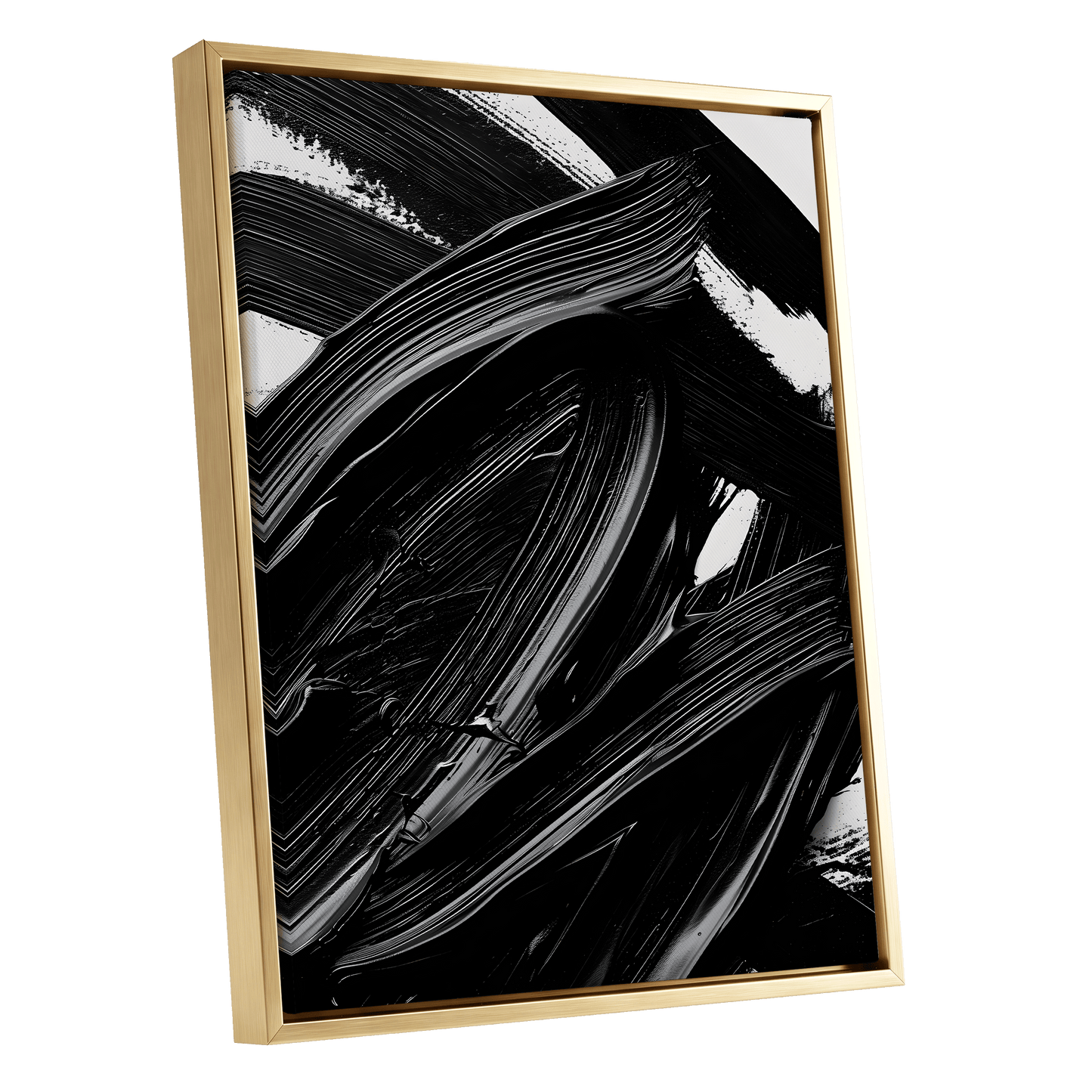Monochrome Flux, black, white, gray abstract wall art shown as a gold framed canvas wall art