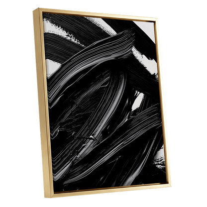 Monochrome Flux, black, white, gray abstract wall art shown as a gold framed canvas wall art