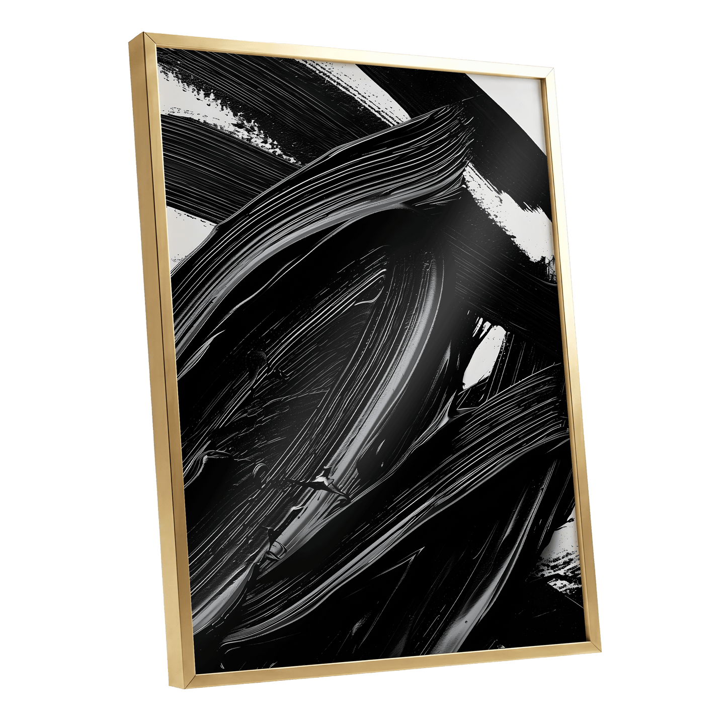 Monochrome Flux, black, white, gray abstract wall art shown as a gold framed poster wall art print