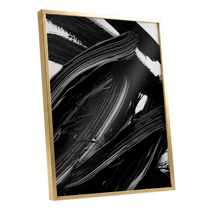 Monochrome Flux, black, white, gray abstract wall art shown as a gold framed poster wall art print