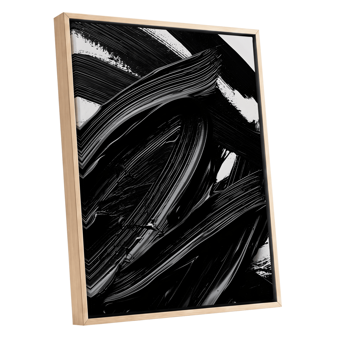 Monochrome Flux, black, white, gray abstract wall art shown as a oak framed canvas wall art