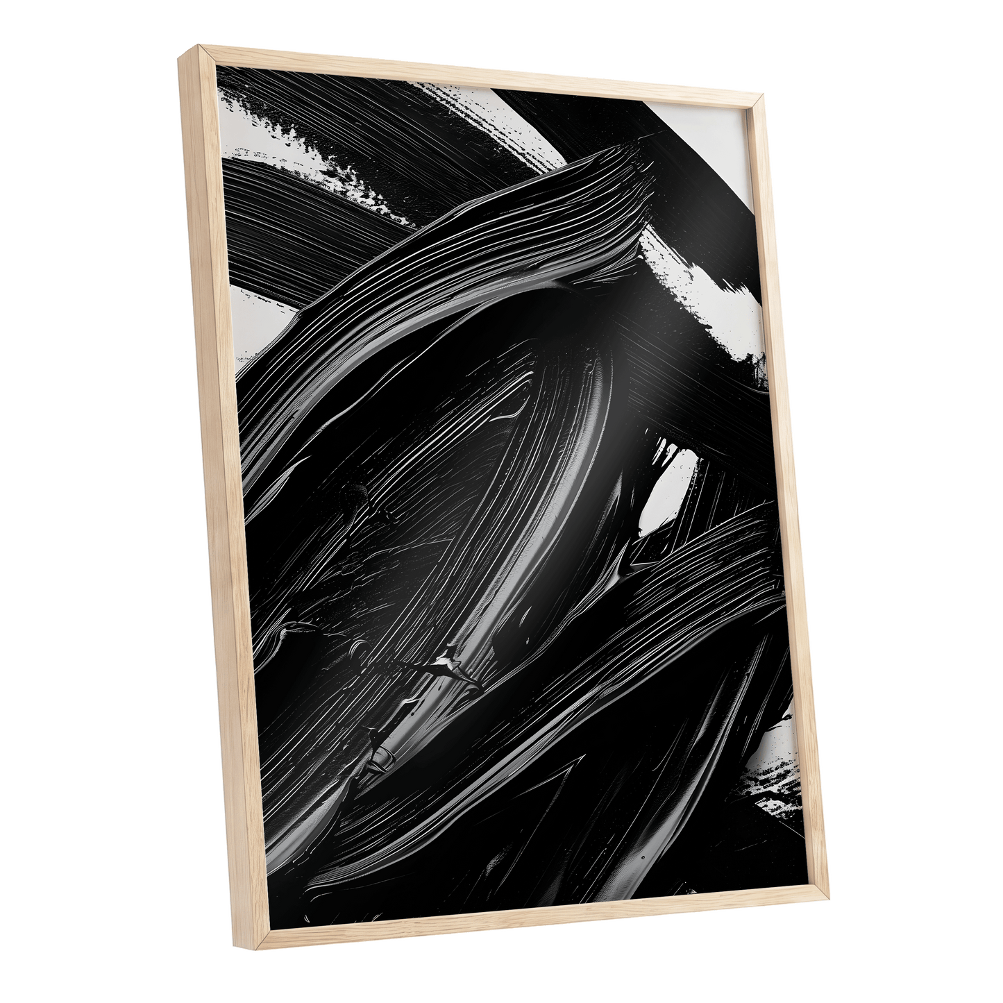 Monochrome Flux, black, white, gray abstract wall art shown as a oak framed poster wall art print