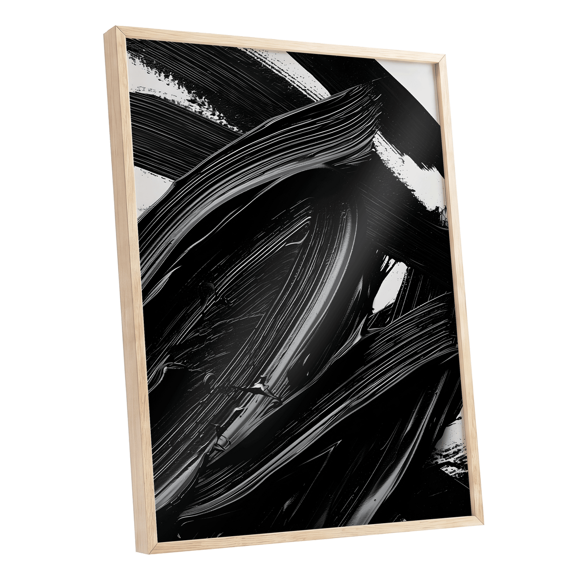 Monochrome Flux, black, white, gray abstract wall art shown as a oak framed poster wall art print