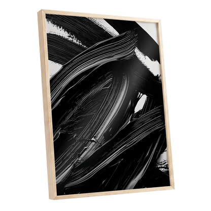 Monochrome Flux, black, white, gray abstract wall art shown as a oak framed poster wall art print
