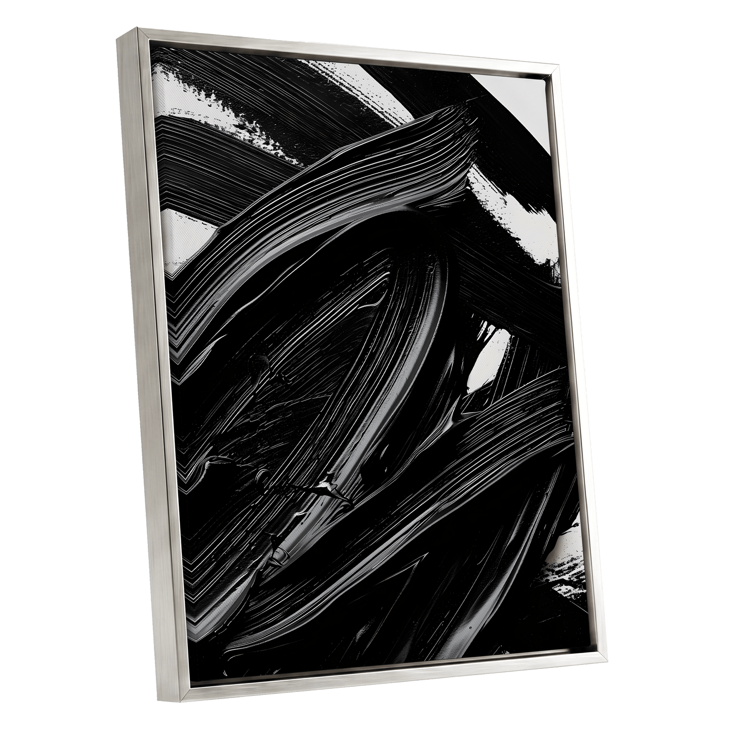 Monochrome Flux, black, white, gray abstract wall art shown as a silver framed canvas wall art