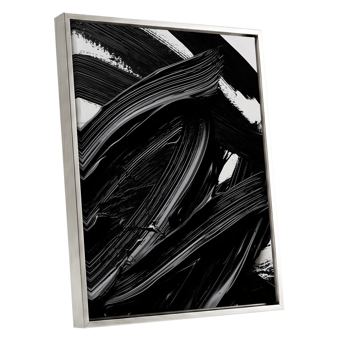 Monochrome Flux, black, white, gray abstract wall art shown as a silver framed canvas wall art