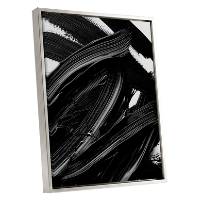 Monochrome Flux, black, white, gray abstract wall art shown as a silver framed canvas wall art