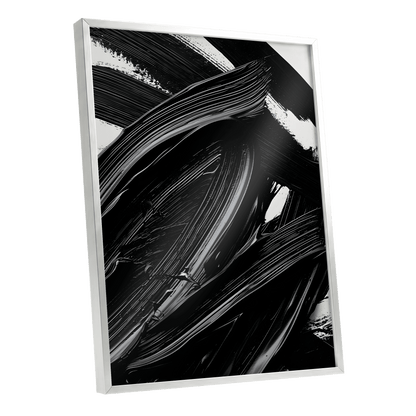 Monochrome Flux, black, white, gray abstract wall art shown as a silver framed poster wall art print