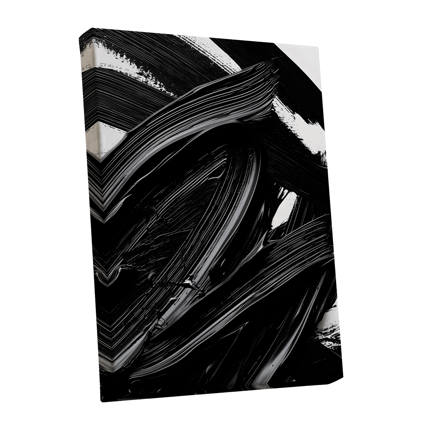 Monochrome Flux, black, white, gray abstract wall art shown as a stretched canvas wall art