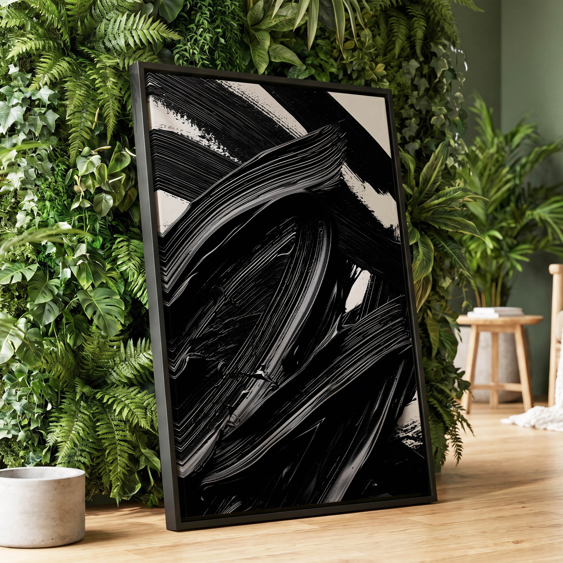 Monochrome Flux, black, white, gray abstract wall art displayed in a styled interior, gallery view 1