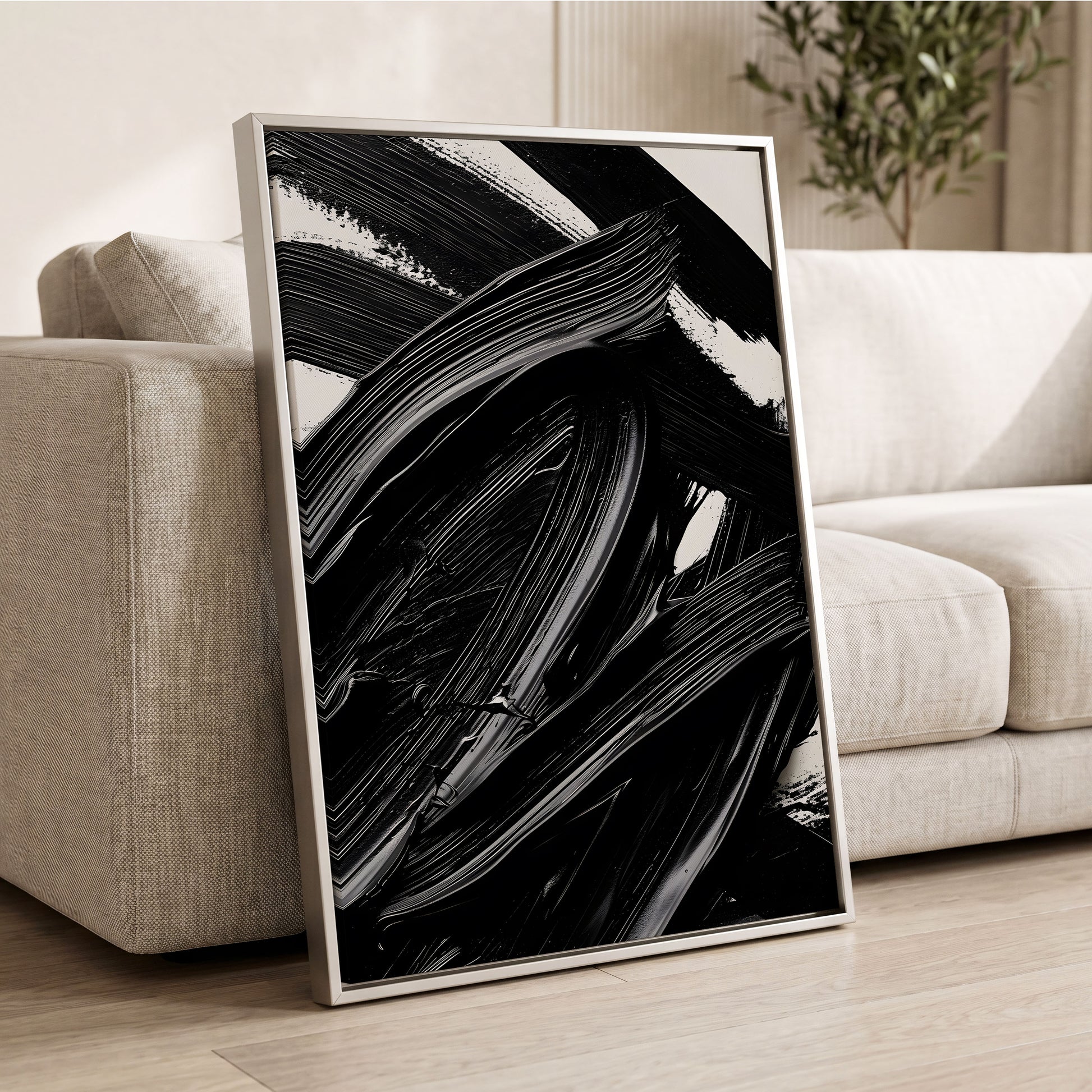 Monochrome Flux, black, white, gray abstract wall art displayed in a styled interior, gallery view 2