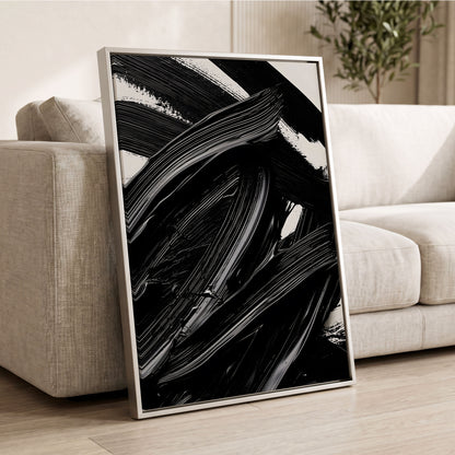 Monochrome Flux, black, white, gray abstract wall art displayed in a styled interior, gallery view 2