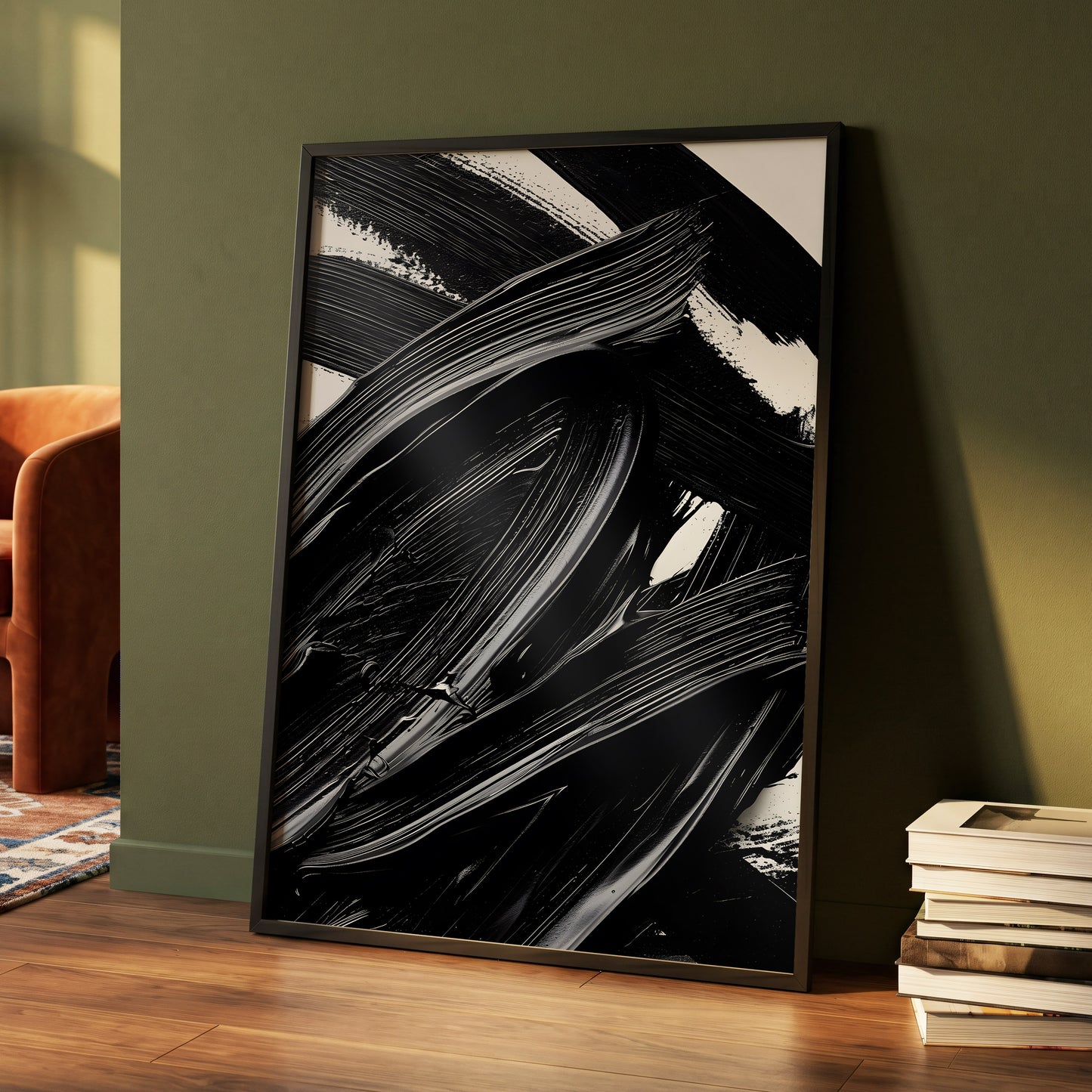 Monochrome Flux, black, white, gray abstract wall art displayed in a styled interior, gallery view 4