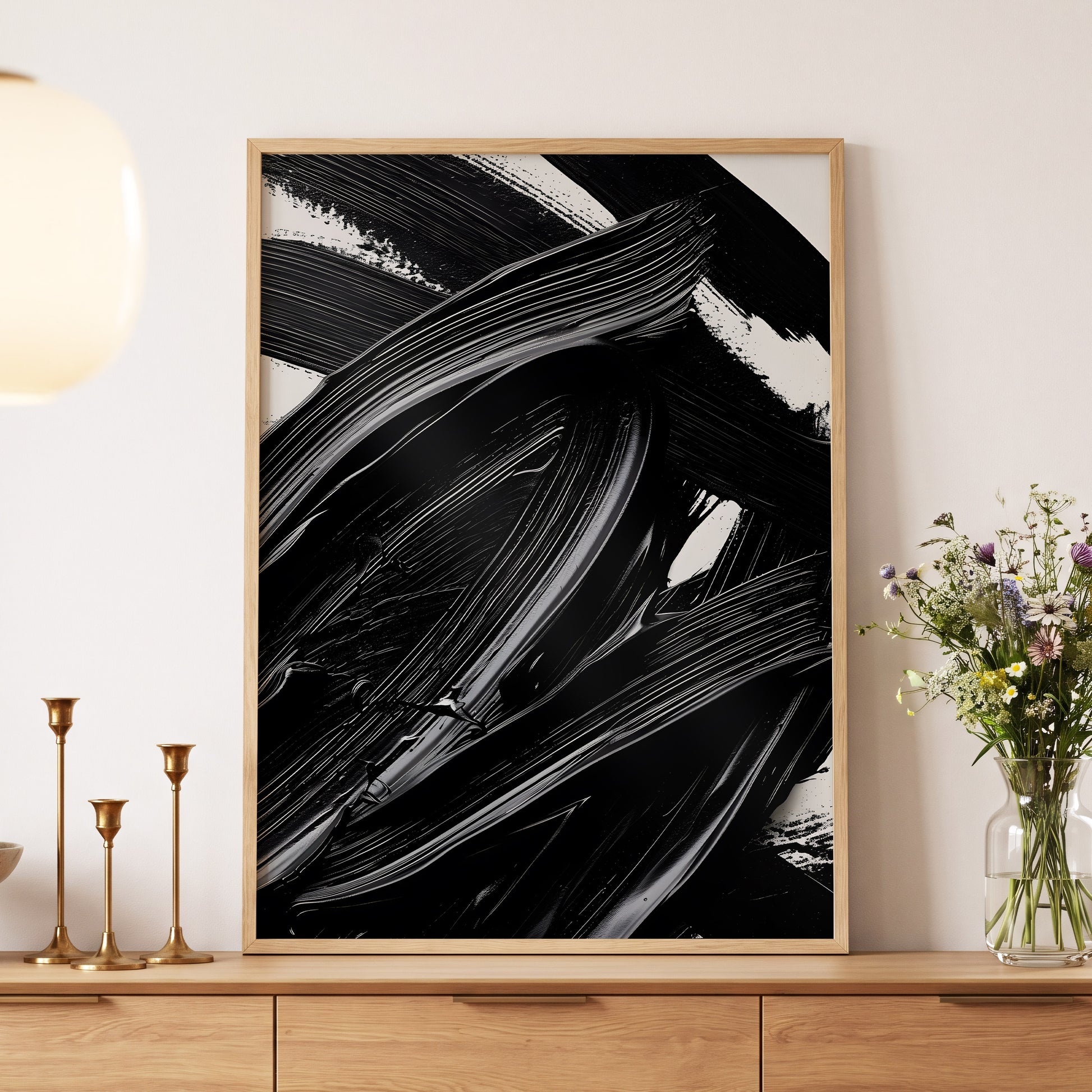 Monochrome Flux, black, white, gray abstract wall art displayed in a styled interior, gallery view 5