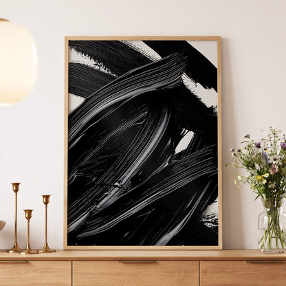 Monochrome Flux, black, white, gray abstract wall art displayed in a styled interior, gallery view 5