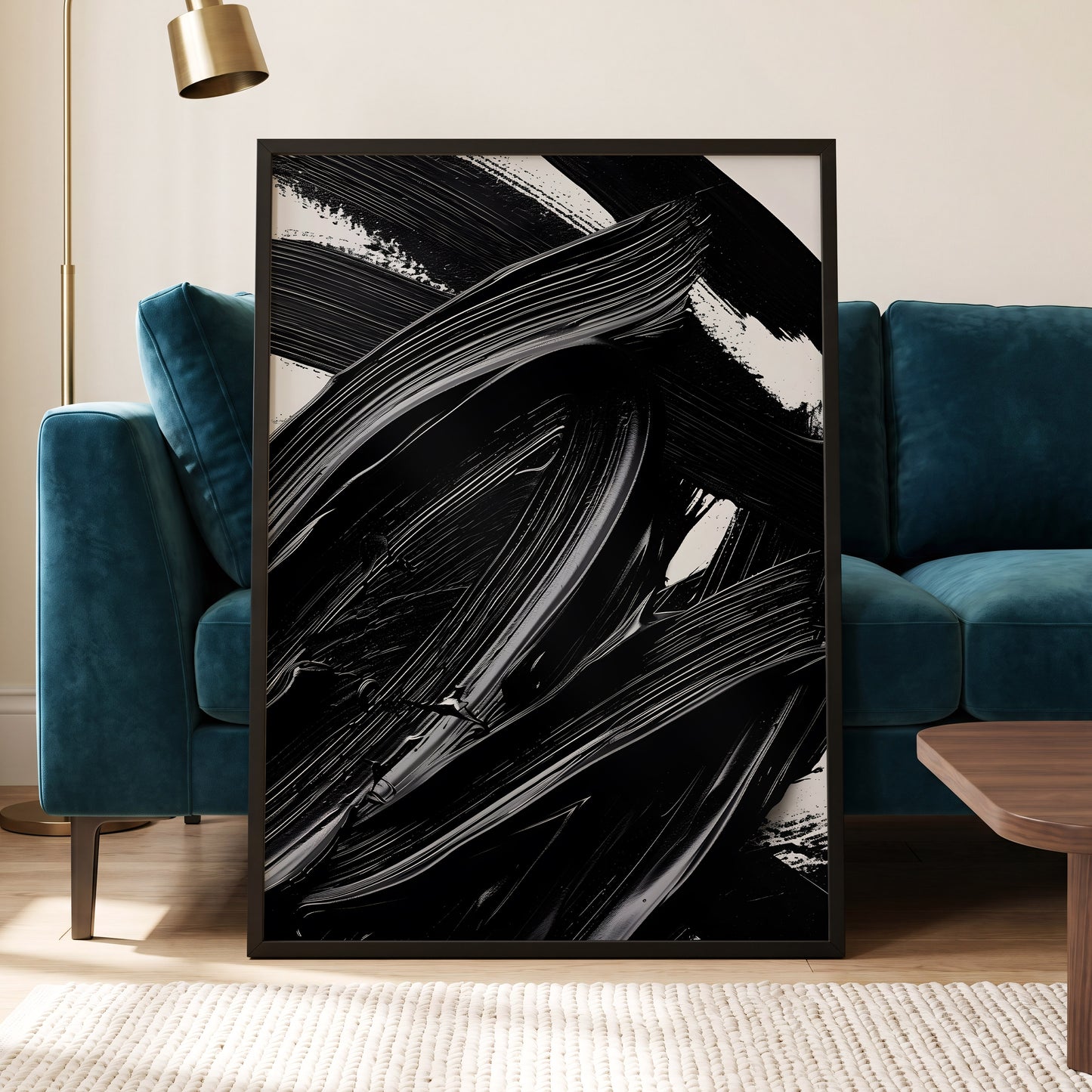 Monochrome Flux, black, white, gray abstract wall art displayed in a styled interior, gallery view 6