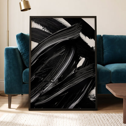 Monochrome Flux, black, white, gray abstract wall art displayed in a styled interior, gallery view 6
