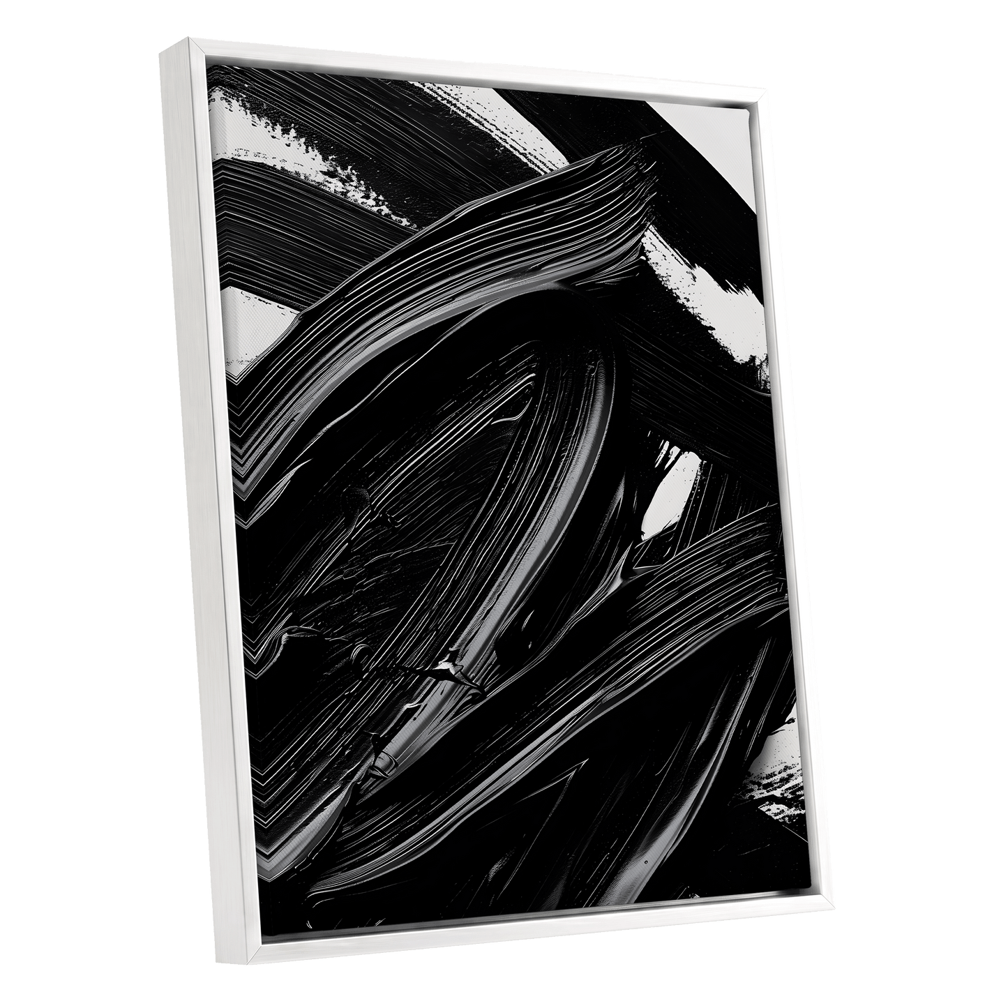 Monochrome Flux, black, white, gray abstract wall art shown as a white framed canvas wall art