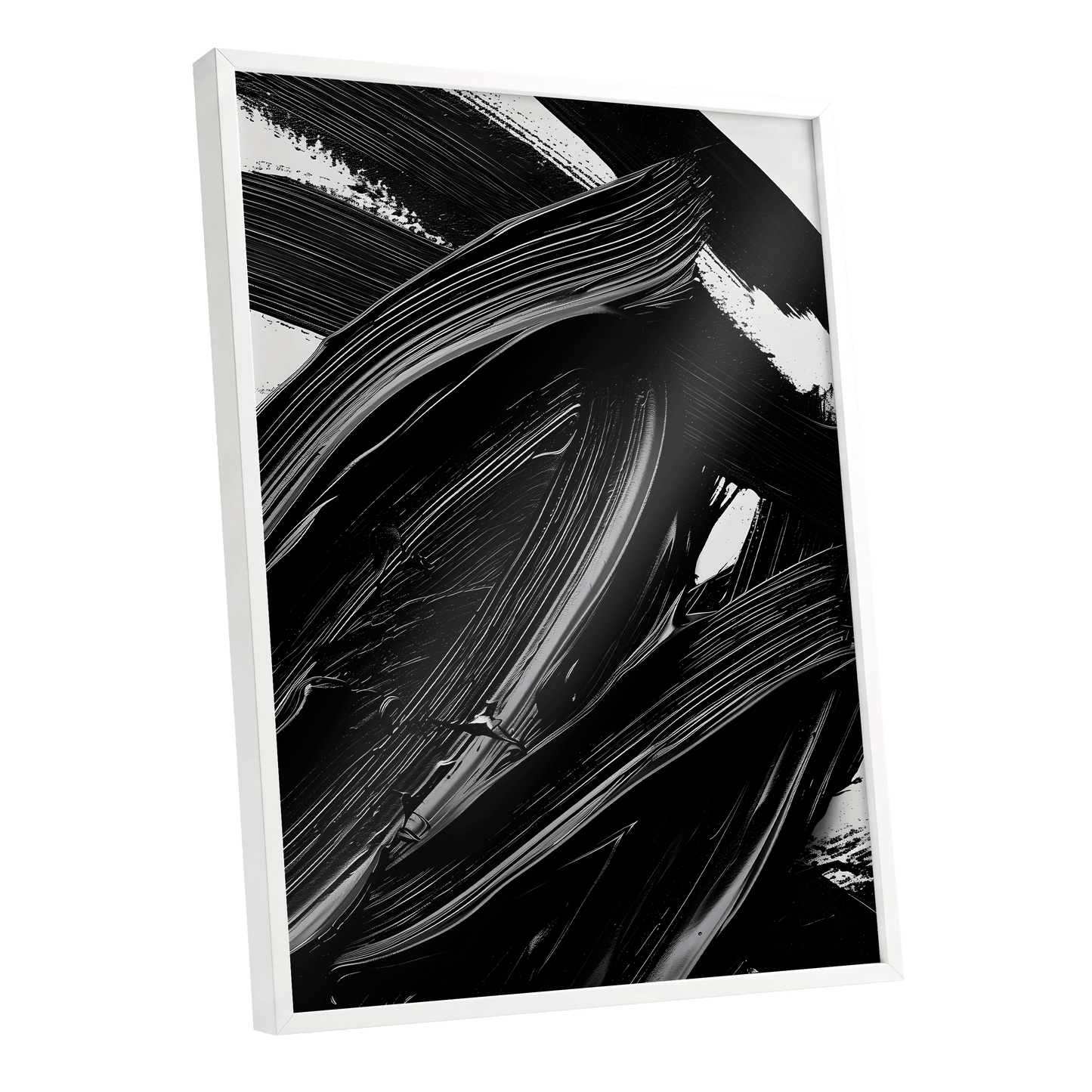 Monochrome Flux, black, white, gray abstract wall art shown as a white framed poster wall art print