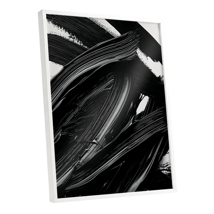 Monochrome Flux, black, white, gray abstract wall art shown as a white framed poster wall art print