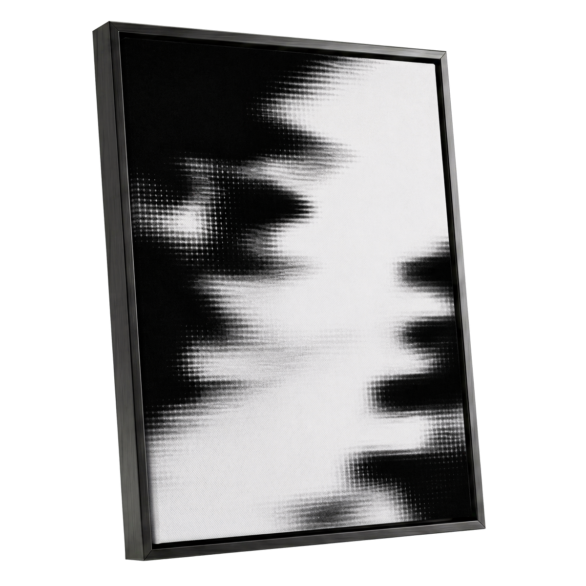 Monochrome Interference, black, white, gray abstract wall art shown as a black framed canvas wall art