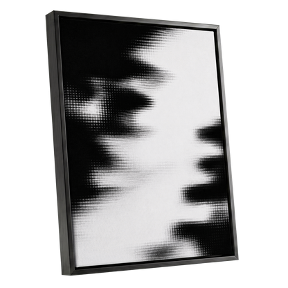 Monochrome Interference, black, white, gray abstract wall art shown as a black framed canvas wall art
