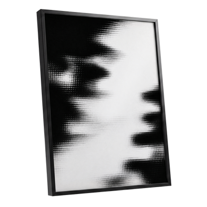Monochrome Interference, black, white, gray abstract wall art shown as a black framed poster wall art print
